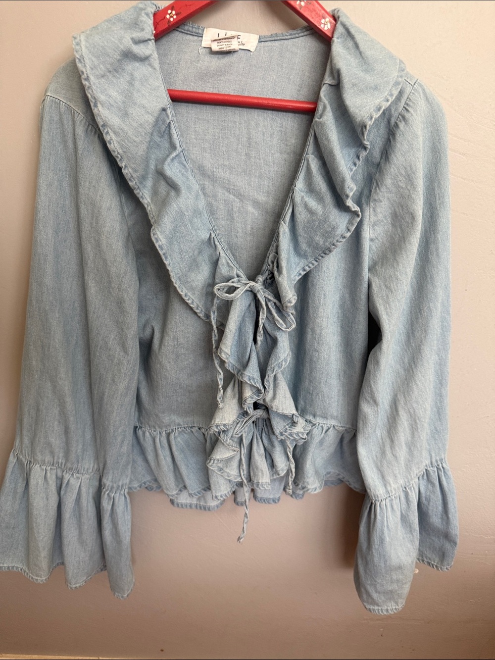 L.I.F.E. Blue Ruffle Tie-Front Bell Sleeve Cotton Blouse